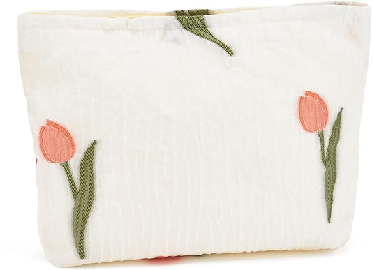 WOZEAH Floral Makeup Bag for Purse Small Cosmetic Pouch,Stylish Zipper Make up Pouch Travel Canvas Toiletry Bags(White Tulips)