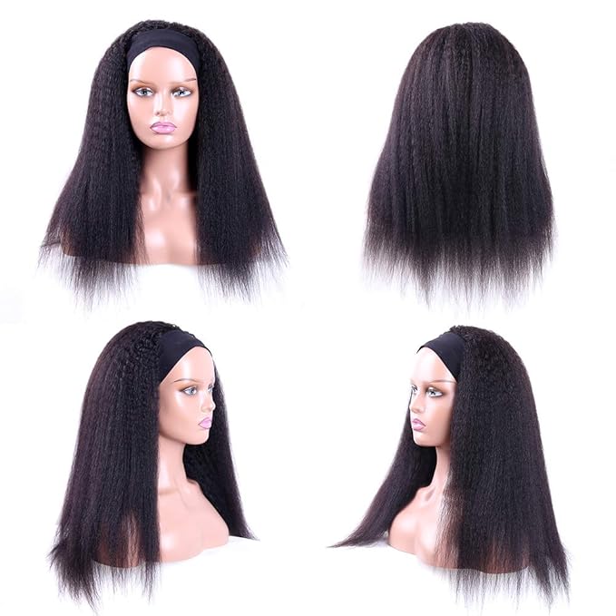 Headband Wigs Human Hair 180% Density 12A Kinky Straight Human Hair Headband Wigs For Black Women Yaki Straight Human Hair Wigs With Headband Attached Half Wig Natural Black Color 22 Inch