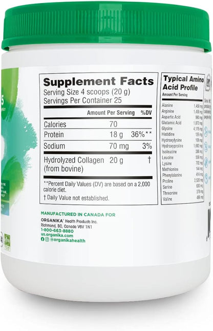 Organika Enhanced Collagen Peptides Protein Powder for Healthy Hair, Skin, Nails, Joints - Hydrolyzed for Better Absorption - Grass-Fed, Non-GMO, Type I and III - Unflavored 17.64 oz