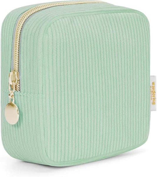 Wandering Nature Small Makeup Bag for Purse Mini Make up Pouch Cute Cosmetic Pouch for Women with Slip-in Pockets Corduroy, Green
