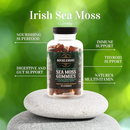 Wild Crafted Irish Sea Moss Gummies with Bladderwrack & Burdock Root - Chewable Natural Multivitamin Vegan Gummies for Immune, Thyroid, Digestive, and Gut Support - 60 Gummies