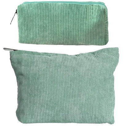 FITINI 2 Pcs Makeup Bag Large Corduroy Cosmetic Bags Portable Travel Toiletry Case Organizer Cute Small Brushes Storage Pouch with Zipper for Women Purse,Green
