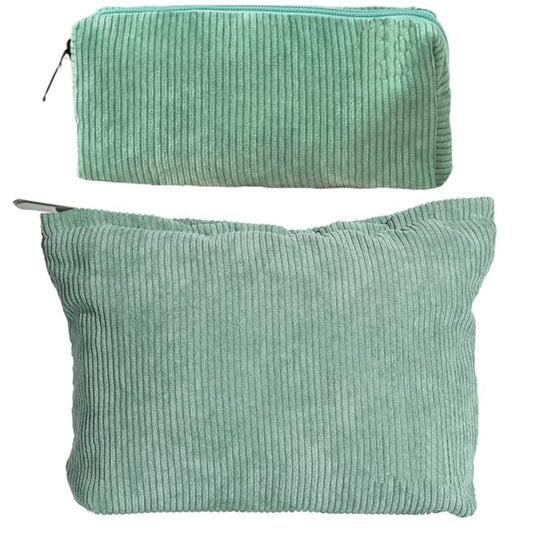 FITINI 2 Pcs Makeup Bag Large Corduroy Cosmetic Bags Portable Travel Toiletry Case Organizer Cute Small Brushes Storage Pouch with Zipper for Women Purse,Green