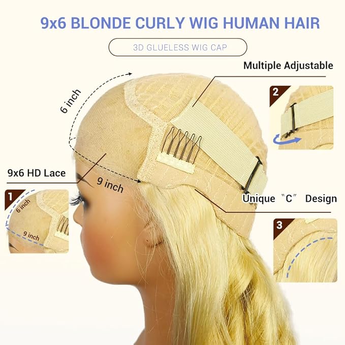 FABA Glueless Wigs Human Hair Pre Plucked Pre Cut Bob Blonde Curly Wig 9x6 Wear And Go Honey Blonde Deep Wave Closure Wig 180% Density Short Curly 14 Inch