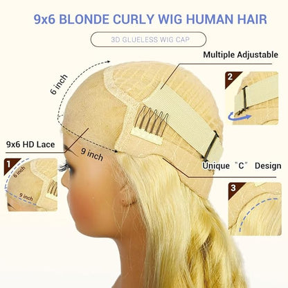 FABA Glueless Wigs Human Hair Pre Plucked Pre Cut Bob Blonde Curly Wig 9x6 Wear And Go Honey Blonde Deep Wave Closure Wig 180% Density Short Curly 14 Inch