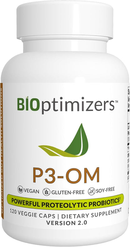 BiOptimizers P3-OM Proteolytic Prebiotics & Probiotics Supplement – Lactobacillus Plantarum for Digestive & Immune Health – Bloating & Gut Relief Support for Men & Women (120 Vegan Capsules)