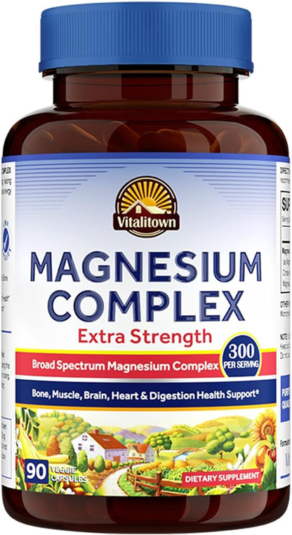 Vitalitown Magnesium Complex Supplement | 300mg Elemental Magnesium | Magnesium Citrate Glycinate Taurate Malate | Non-GMO, No Gluten, 90 Vegan Magnesium Capsules for Bone Muscle Brain Heart