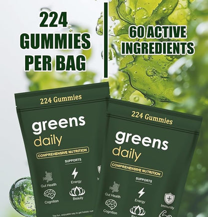 Greens Gummies - Organic Chlorella and Spirulina, Digestive & Gut Health, Formulated with 60+ Ingredients, Multi-Vitamins & Minerals, Daily Gummies, 224 Gummies Bear