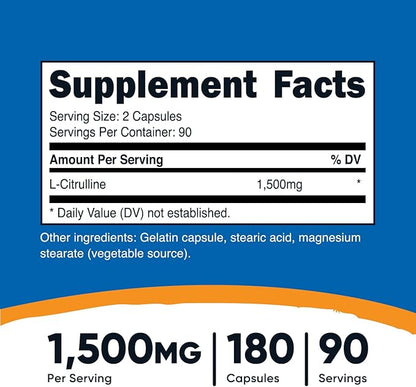 Nutricost L-Citrulline 750mg, 180 Capsules (3 Bottles)
