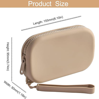 Portable Silicone Makeup Bag for Women, Small Travel Waterproof Toiletry Cosmetic Bag, Zipper Closure Organizer Makeup Case with Handle (Khaki)