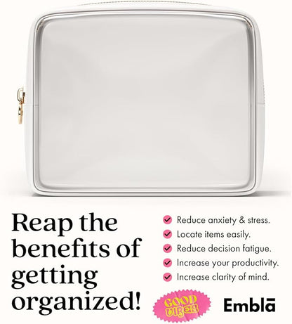 Clear Makeup Bag Zipper Pouch, Transparent Cosmetic Case Organizer, TSA Approved Travel Toiletry Case, Travel Accessories Essentials Makeup Tote for Women, Large Cute Make up Bag for Purse - White