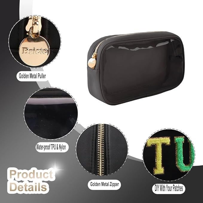 Slim Transparent Makeup Pouch Women Travel Clear TPU and Nylon Cosmetic Pouch (Medium, Black)