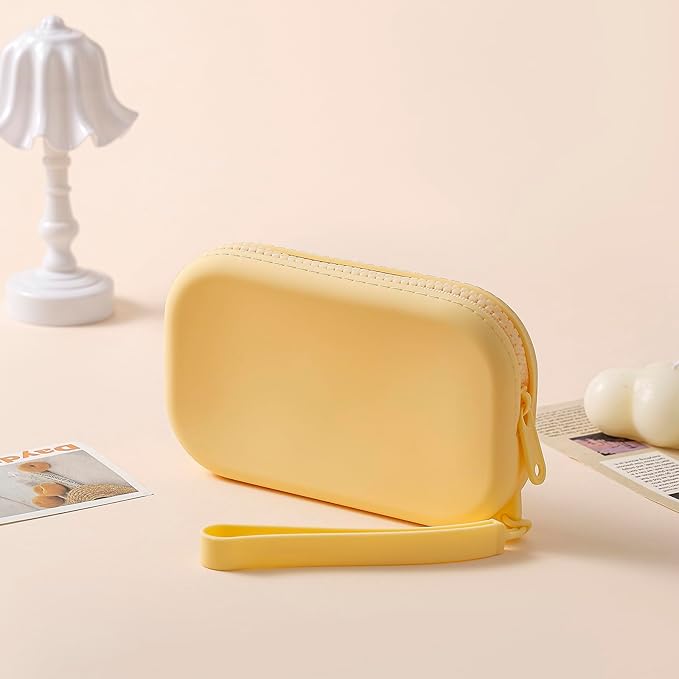 Portable Silicone Makeup Bag for Women, Small Travel Waterproof Toiletry Cosmetic Bag, Zipper Closure Organizer Makeup Case with Handle (Yellow)