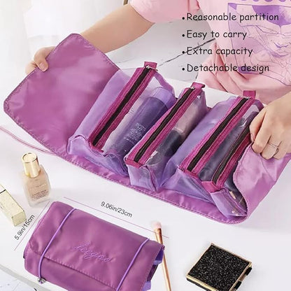 Roll Up Makeup Bag, Hanging Toiletry Bag, 4 in 1 Detachable Cosmetic Bag, 4 Removable Storage Bags, Travel Makeup Organizer Bags for Women Men(Purple)