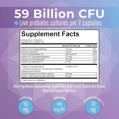 MaryRuth Organics Prenatal Vitamins & Probiotics | 59 Billion CFU | Vitamin D3 & B12 | Iron | Folate | Selenium | Choline | Vegan | Non-GMO | 60 Capsules