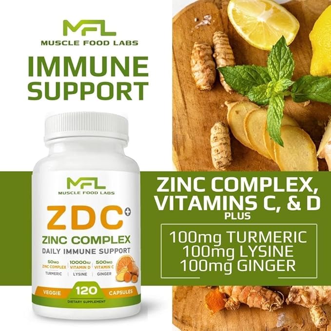 | Z D C Plus | Vitamin C, 500mg | Vitamin D3, | Zinc, | Turmeric | Ginger | Lysine | Non-GMO & Gluten Free | Veggie Caps | 120 Servings