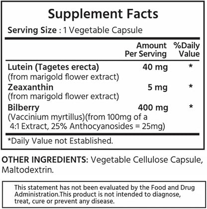 Premium Lutein & Zeaxanthin with Bilberry 60 Vegetable Capsules. Lutein 40 mg, Zeaxanthin 5 mg, and Bilberry 400 mg. All-Natural. High Potency & Premium Quality. Healthy Eyes & Vision.