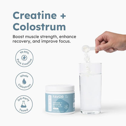 Favor Creatine and Bovine Colostrum Powder - Creatine Monohydrate Cow Colostrum Supplement, High Immunoglobulin IgG, Strength, Muscle Recovery and Gut Health for Men and Women, 45 Servings, Unflavored