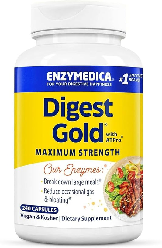 Enzymedica Digest Gold + ATPro, Maximum Strength Digestive Enzymes, Helps Digest Large Meals for Instant Bloating Relief, 240 Count