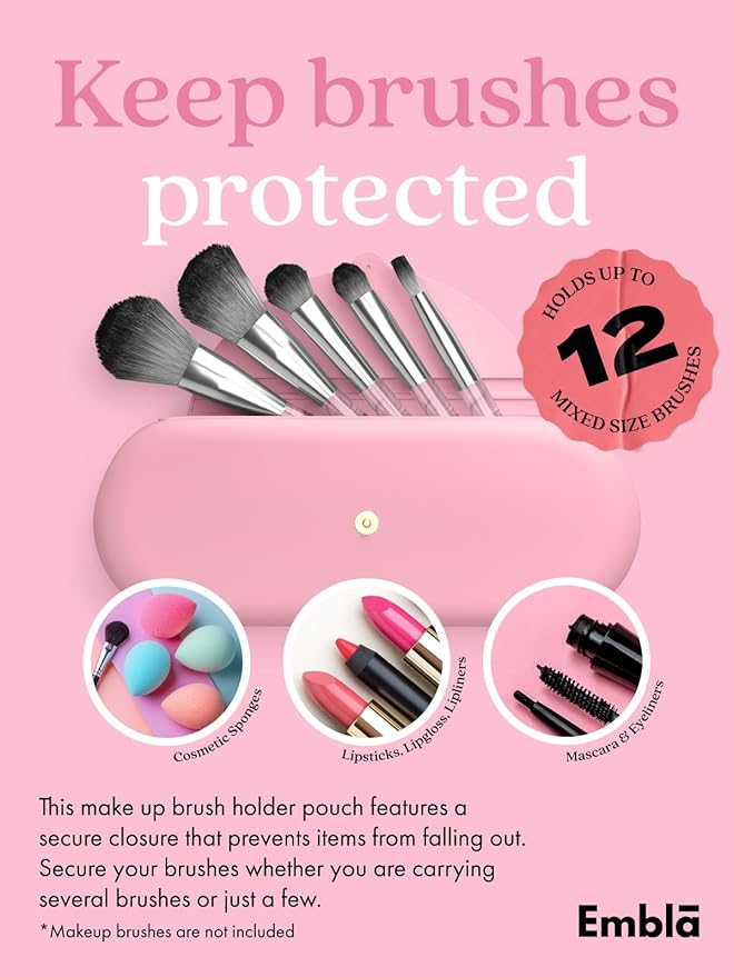 Embla Makeup Brush Holder Travel Cosmetic Case Pouch, Soft Silicone Cosmetic Bag Make Up Brushes Holder with Secure Snap Closure, Travel Makeup Brush Case, Flamingo