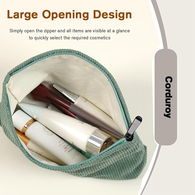 FITINI 2 Pcs Makeup Bag Large Corduroy Cosmetic Bags Portable Travel Toiletry Case Organizer Cute Small Brushes Storage Pouch with Zipper for Women Purse,Green