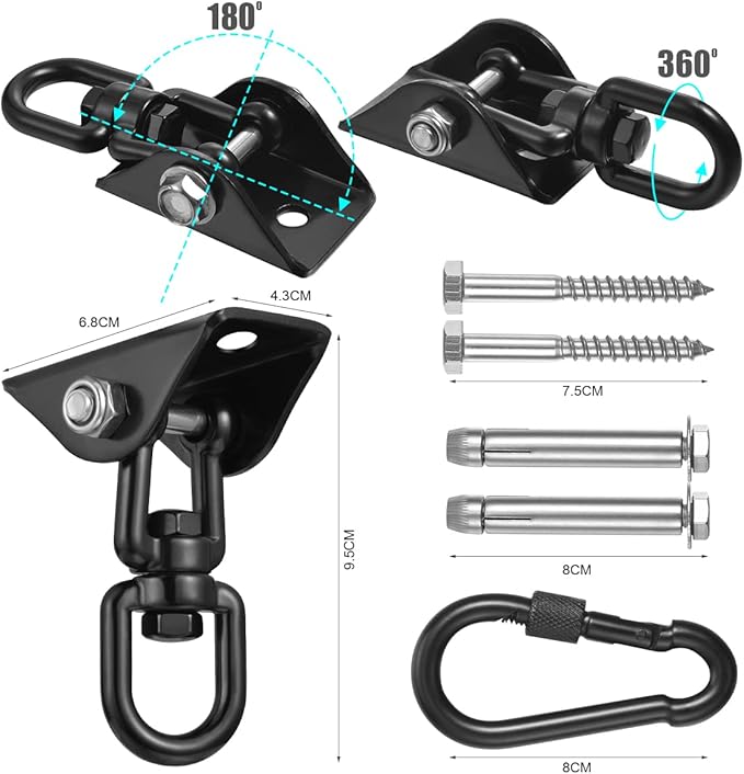 Hammock Hanging Kit,Hanging Chair Hardware 360°Rotating 1200 lb Capacity Hammock Hooks Heavy Duty,Hammock Chair Hanging Kit & Swing Ceiling Hook Snap for Hammock Chair Stand,Seat, Tree,Yoga,Gym(Black)