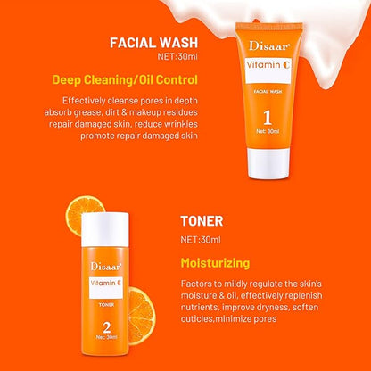 Vitamin C Organic Orange Extract Skin Care Set Facial Wash Toner Serum Face Cream Moisturizing Reduce Wrinkles Hydrate 30ml+30ml+10ml+15g 4PCS
