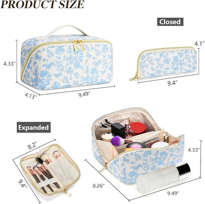 Travel Makeup Bag Set, 2Pcs Large Capacity Flower Make up Bag Quilted Cosmetic Bag for Girls, Little Flower Cute Travel Toiletry Bag for Women Wide Open Floral Cotton Stuff Bag Skin Care Bag