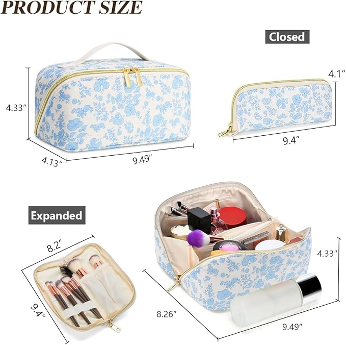 Travel Makeup Bag Set, 2Pcs Large Capacity Travel Make up Bag Corduroy Cosmetic Bag for Girls, Leopard Cute Toiletry Toiletry Bag for Women Wide Open Portable Cotton Stuff Bag with Divider & Handle