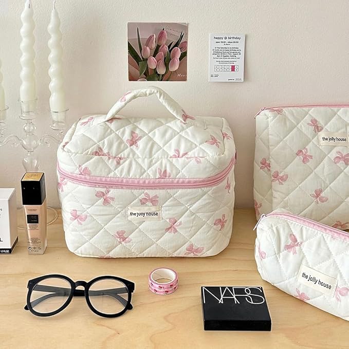 Quilted Makeup Bag Set 3 Pcs Cotton Cute Makeup Bags For Women Large Aesthetic Floral Cosmetic Bag Coquette Flower Makeup Pouch