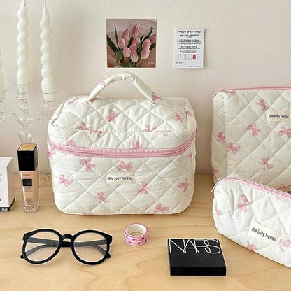 Quilted Makeup Bag Set 3 Pcs Cotton Cute Makeup Bags For Women Large Aesthetic Floral Cosmetic Bag Coquette Flower Makeup Pouch