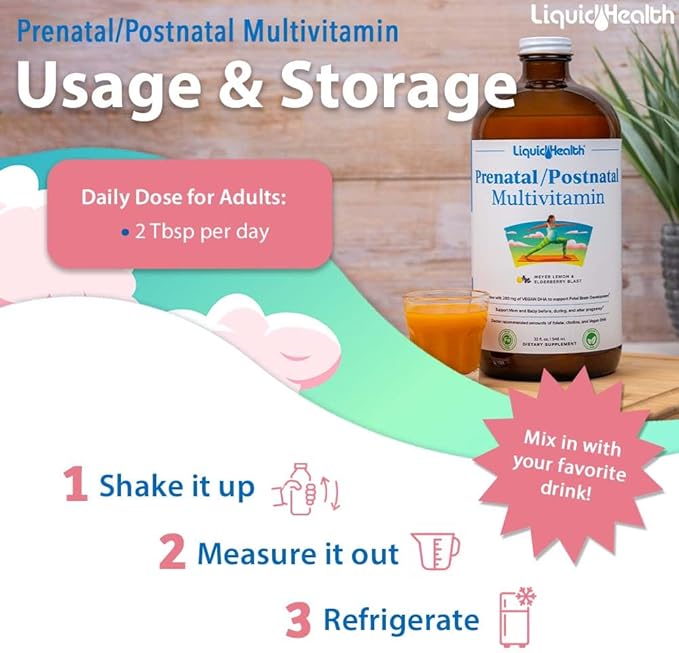 LIQUIDHEALTH Prenatal/Postnatal Multiple Liquid Women's Multivitamin with Real Folate - Pre & Postnatal Vitamins for Before, During, After Pregnancy - Vegan, Sugar-Free, Non GMO, Great Taste (3 Pack)