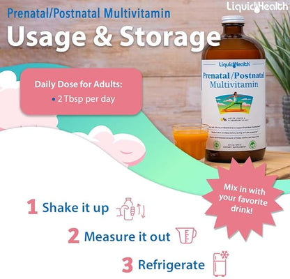 LIQUIDHEALTH Prenatal/Postnatal Multiple Liquid Women's Multivitamin with Real Folate - Pre & Postnatal Vitamins for Before, During, After Pregnancy - Vegan, Sugar-Free, Non GMO, Great Taste (3 Pack)