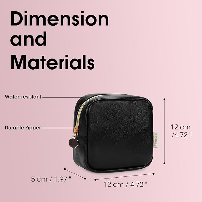 Wandering Nature Small Makeup Bag for Purse Mini Make up Pouch Cute Cosmetic Pouch for Women with Slip-in Pockets Eco Vegan Leather, Black