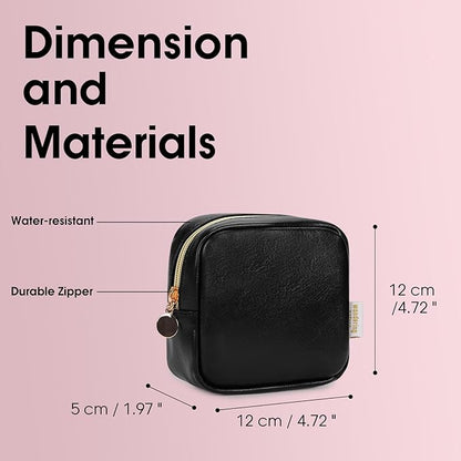 Wandering Nature Small Makeup Bag for Purse Mini Make up Pouch Cute Cosmetic Pouch for Women with Slip-in Pockets Eco Vegan Leather, Black