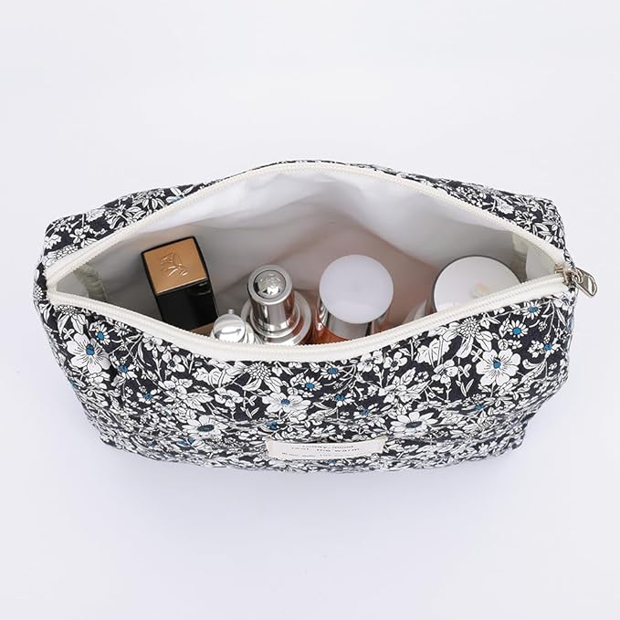 Quilted Makeup Bag Set 3 Pcs Cotton Cute Makeup Bags For Women Large Aesthetic Floral Cosmetic Bag Coquette Flower Makeup Pouch