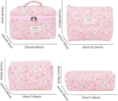Quilted Makeup Bag Set 3 Pcs Cotton Cute Makeup Bags For Women Large Aesthetic Floral Cosmetic Bag Coquette Flower Makeup Pouch