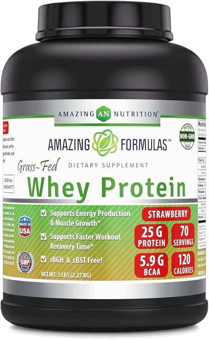 Amazing Formulas Grass Fed Whey Protein Supplement | Strawberry Flavor | 25 G Protein | 5 Lbs | Non-GMO | Gluten-Free | Made in USA