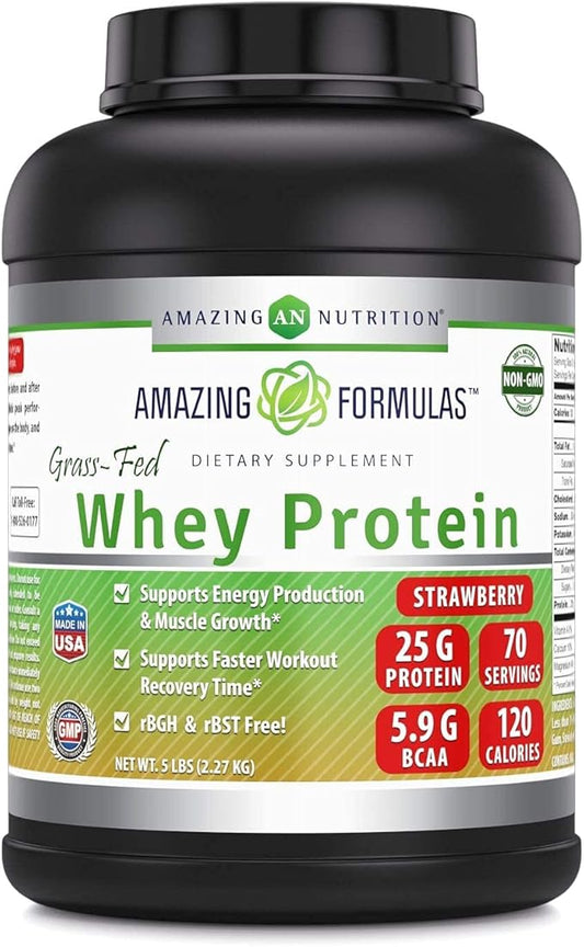 Amazing Formulas Grass Fed Whey Protein Supplement | Strawberry Flavor | 25 G Protein | 5 Lbs | Non-GMO | Gluten-Free | Made in USA