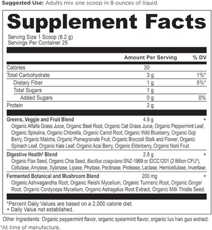 Ancient Nutrition SuperGreens Powder with Probiotics, Organic Peppermint Flavor Greens, Made from Real Fruits, Vegetables and Herbs, Digestive and Energy Support, 25 Servings, 7.23oz