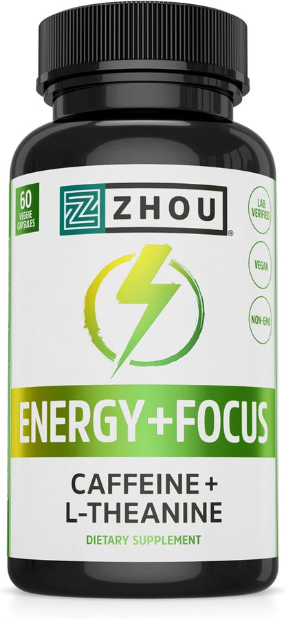 Zhou Natural Caffeine Pills 100mg with L-Theanine 200mg, Nootropic Supplement, Clean Energy, Endurance and MentalFocus, Non-GMO, Vegan, Gluten-Free, 60 Capsules