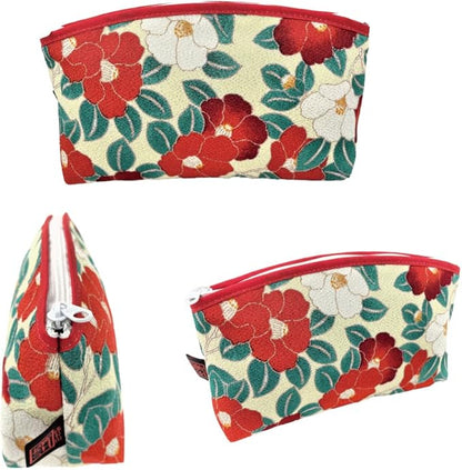 Terra Distribution Small Makeup Bag for Purse [ Made in Japan] Traditional Edo Komon Design Cute Cosmetic Pouch (Camellia flower (Ivory))