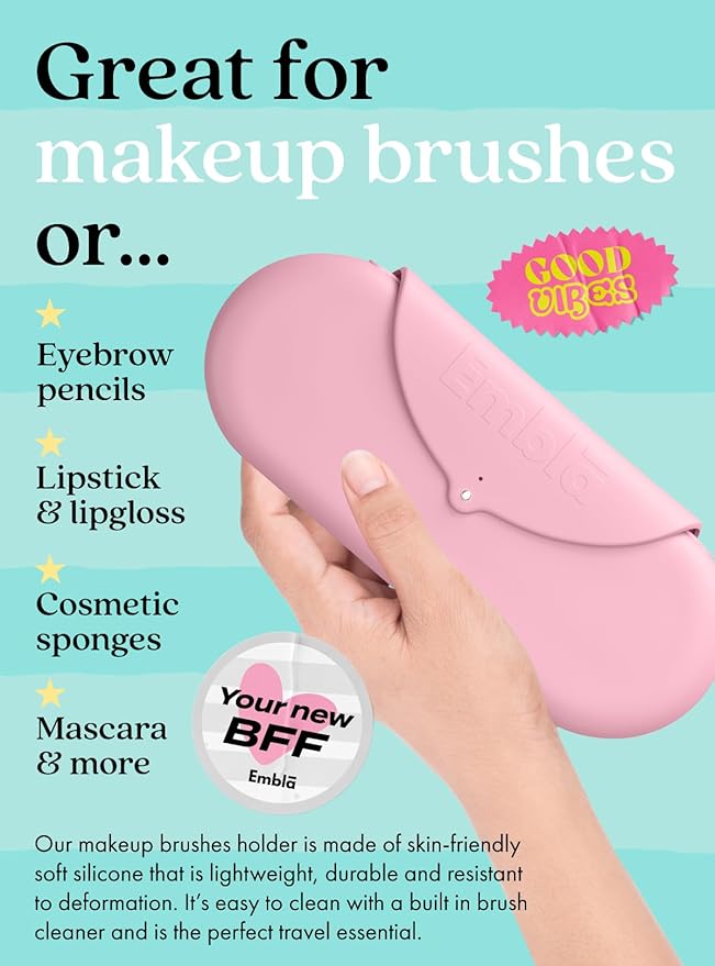 Embla Makeup Brush Holder Travel Cosmetic Case Pouch, Soft Silicone Cosmetic Bag Make Up Brushes Holder with Secure Snap Closure, Travel Makeup Brush Case, Flamingo