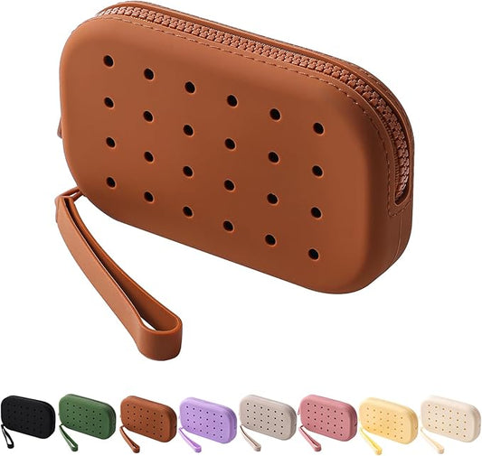 Portable Silicone Makeup Bag for Women, Small Travel Toiletry Cosmetic Bag with Decorative Holes, Zipper Closure Organizer Makeup Case with Handle (Brown)