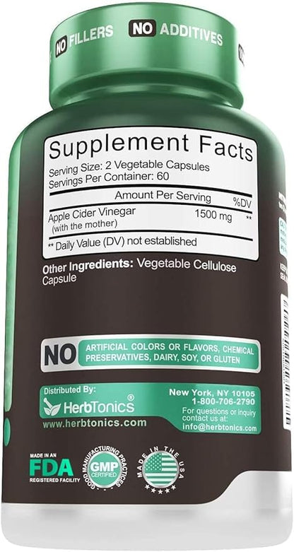 Herbtonics Raw Apple Cider Vinegar Capsules with Mother - Detox, Cleanse & Digestive Health Formula - Unfiltered ACV for Weight Management, Metabolic Support & Bloating Relief - Non-GMO - 240 Capsules