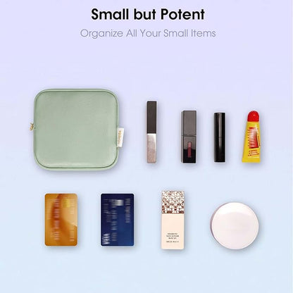 Wandering Nature Small Makeup Bag for Purse Mini Make up Pouch Cute Cosmetic Pouch for Women with Slip-in Pockets Matte Leather, Green