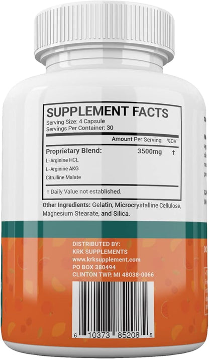 2 Bottles Nitric Oxide Complex 3500mg Per Serving L-Arginine HCL AAKG AKG Alpha Ketoglutarate Citrulline Malate 240 Total Capsules