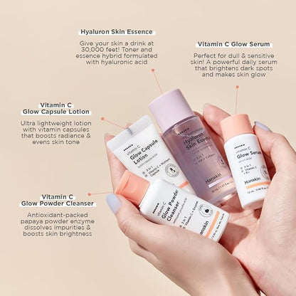Hanskin Vitamin C Skincare Set – Brightening & Hydrating Travel Kit with Cleanser, Essence, Serum & Lotion – Korean Skincare for Glowing, Radiant Skin – Moisturizing Face Care Gift Set