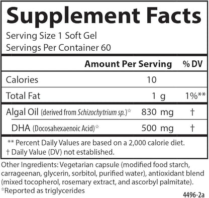 Carlson - Vegetarian Prenatal DHA, 500 mg DHA, Plant Based, Sustainably Sourced from Algae, Prenatal Support, Fetal Development, 60 Softgels