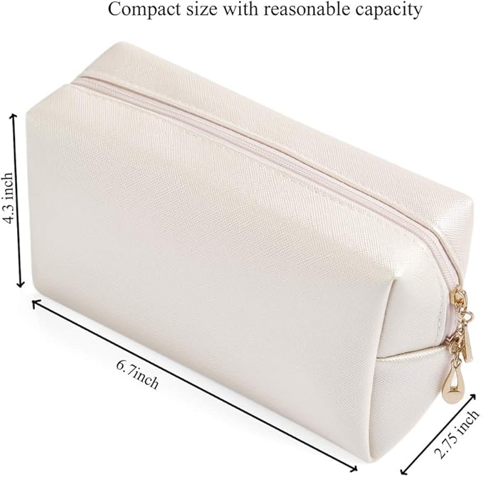 PU Leather Cosmetic Bag for Women Minimalism Makeup Bag for Daily Use Portable Storage Purse Small Neat Cosmetic Pouch Water-resistant Toiletry Bag for Travel (Ivory White)